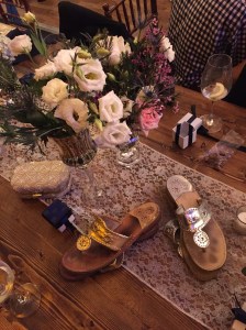 The centerpieces were beautiful fresh flowers in horse show trophy cups. Metallic sandals were the bridesmaid shoe of choice- here are some of our Jack Rogers taking a break while we danced!